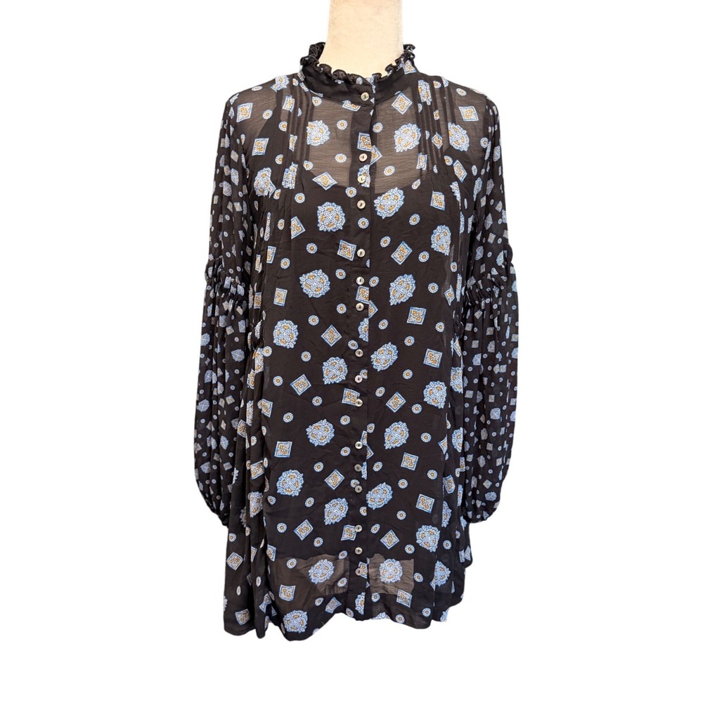 Free People Tunic Dress Womens S Turn Turn Medallion Boho Ruffle Balloon Sleeve